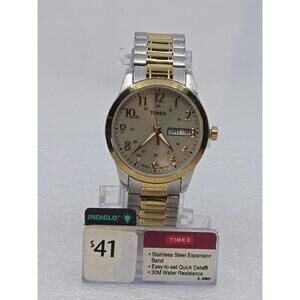 Timex Easy Reader Indiglo Watch Mens 35mm Two Tone Day Date Stretch Band 24 Hour